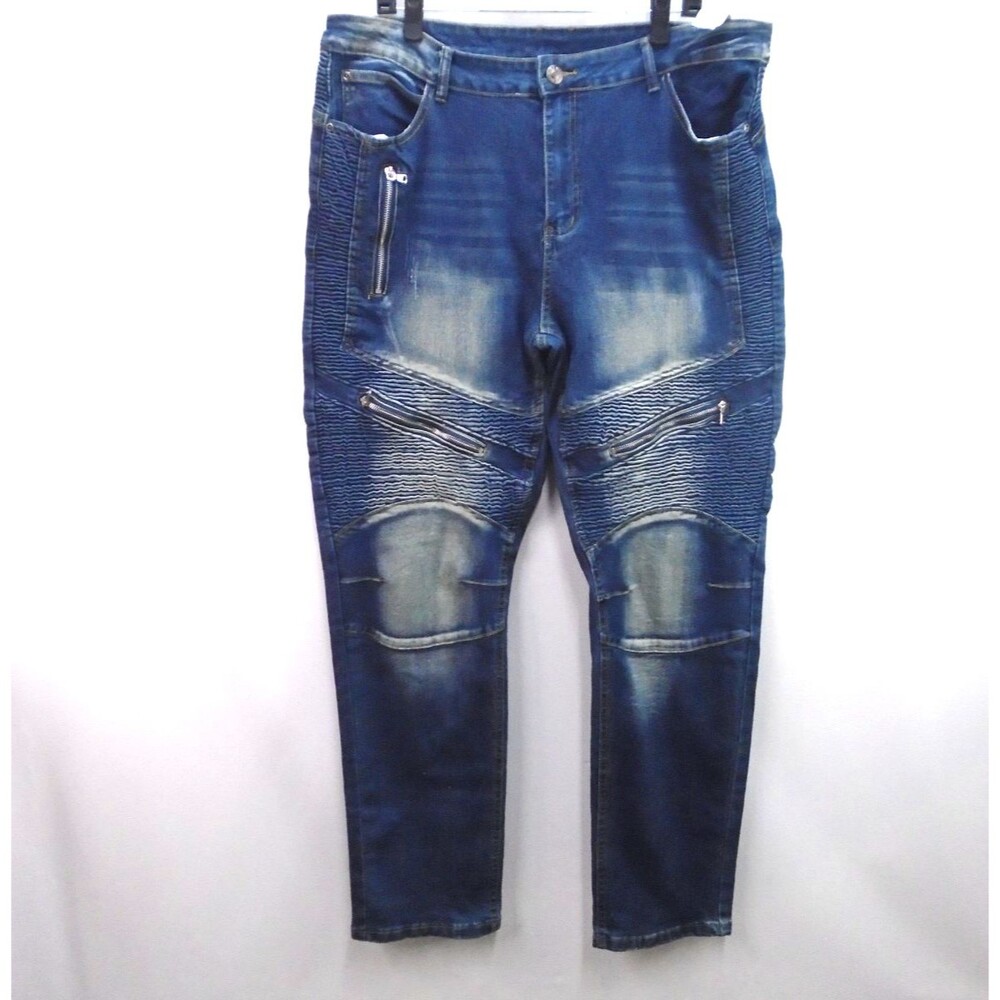 Men’s Moto Biker Jeans Zippers Distressed Denim Blue Size 38 (40x32) Fading